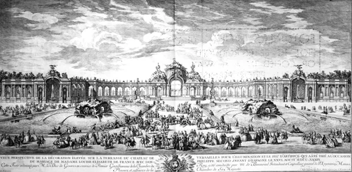 Vista en perspectiva de la terraza de Versalles con motivo del matrimonio de Luisa Isabel de Francia con Felipe de España en 1739, grabado por Charles Nicolas Cochin hijo, 1741